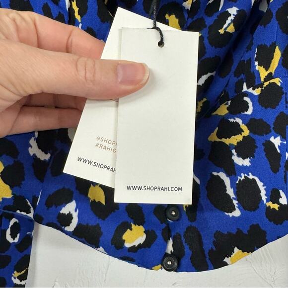 Rahi Blue Leopard Print Crop Puff Shoulder Boho Womens Blouse L Yellow Ruched - Picture 7 of 11